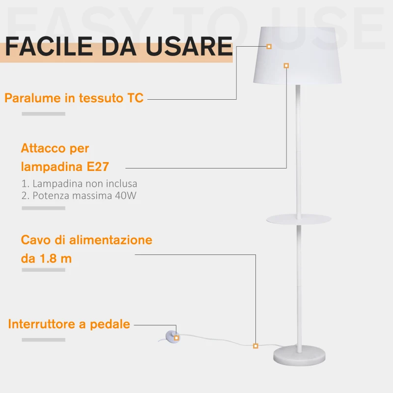 HOMCOM Lampada da Terra con Mensola e Design Moderno per Camera da Letto o Soggiorno Bianca, 40x40x152cm