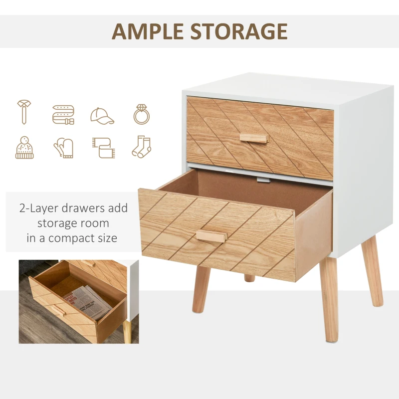 HOMCOM Dulapior in Lemn 2 Sertare Stil Nordic, Alb si Lemn, 40x30x55,5cm