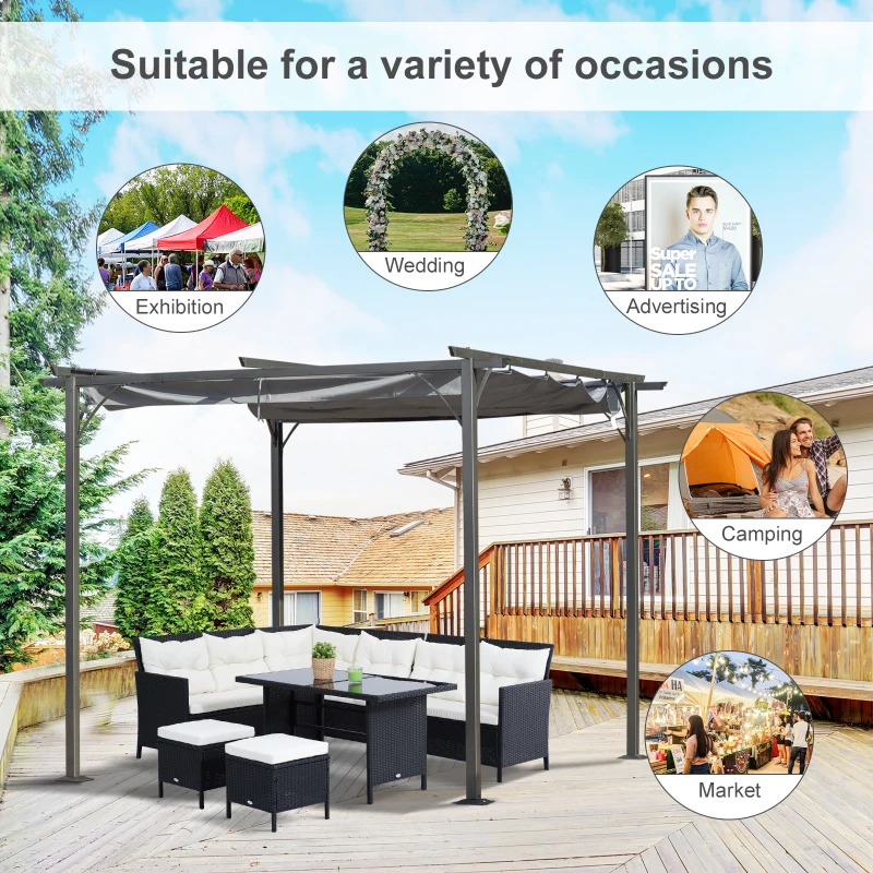 Outsunny 3x3 (m) Metal Pergola Gazebo Awning Retractable Canopy Outdoor Garden Sun Shade Shelter Marquee Party BBQ Grey
