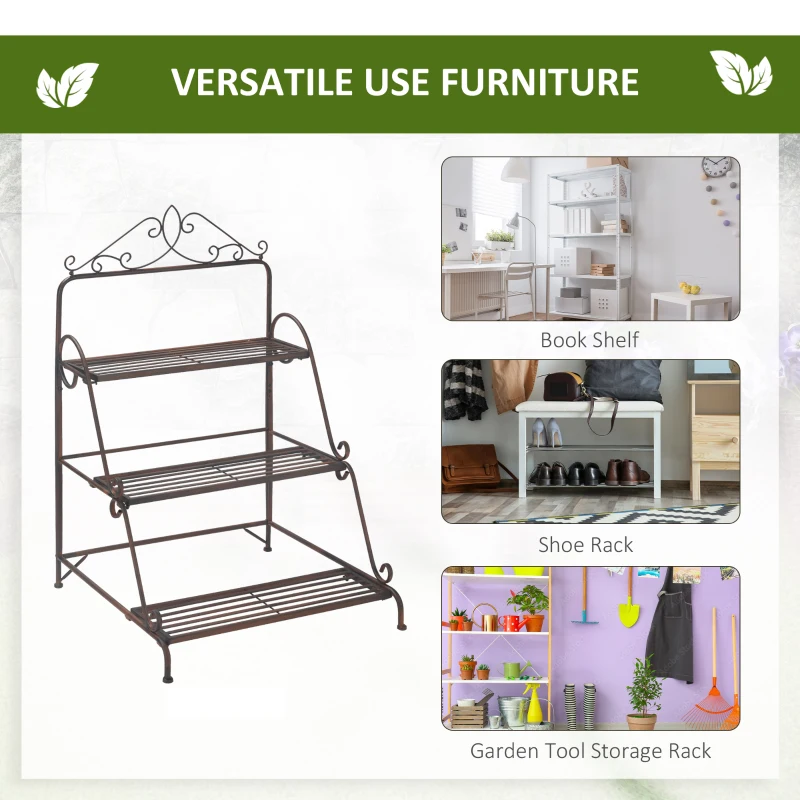 Outsunny 3 Tier Stair Style Metal Plant Stand, Flower Pot Holder Display Shelf, Storage Organizer Rack for Indoor Outdoor Patio Balcony Yard