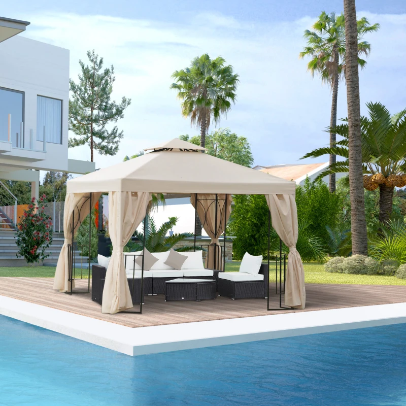 Outsunny 3 x 3 m Garden Metal Gazebo Marquee Patio Wedding Party Tent Canopy Shelter with Pavilion Sidewalls  (Beige)