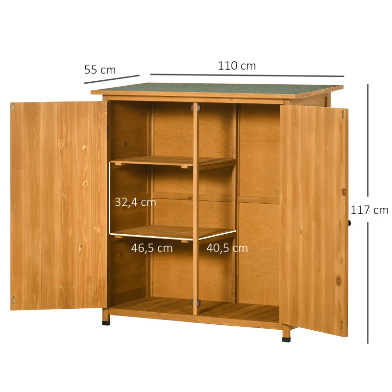 Outsunny Garden Shed Wooden Garden Storage Shed Fir Tool Cabinet Organiser with Shelves Double Door, 110L x 55W x117Hcm, Natural