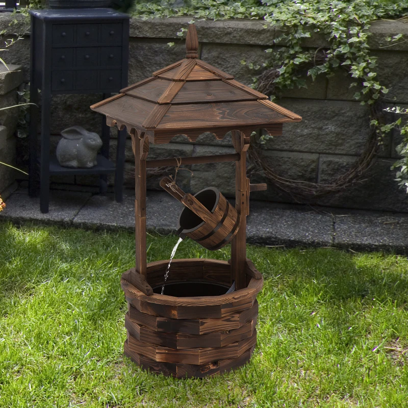 Outsunny Wooden Garden Wishing Well Fountain Barrel Waterfall Rustic Wood with Pump Garden Décor Ornament(m-9)