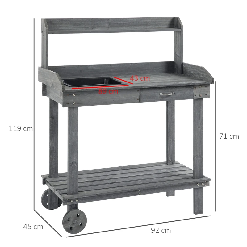 Outsunny 36.25"x17.75"x46.75'' Wooden Potting Bench Table Gardening Plant Workstation Natural Solid Wood with Drawer Sink Hook Open Shelf for Outside Patio Lawn Garden, Gray