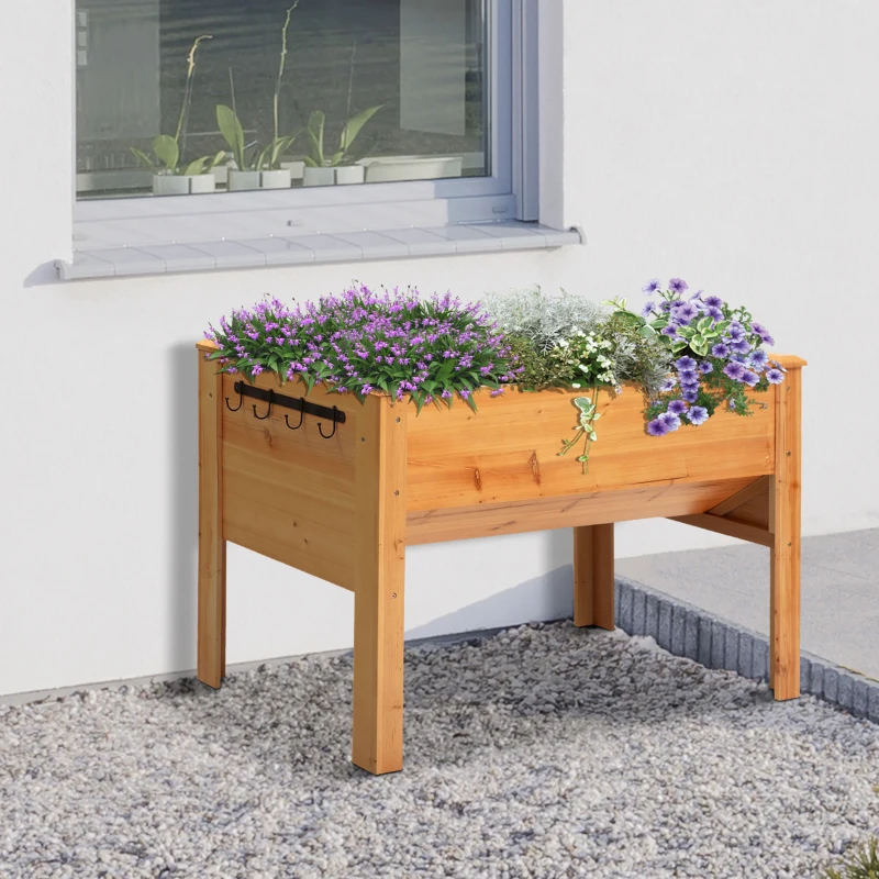 Outsunny 48.75''x23.5''x32'' Wooden Raised Garden Plant Stand Outdoor Tall Flower Bed Box with Hooks, Nature Wood Color