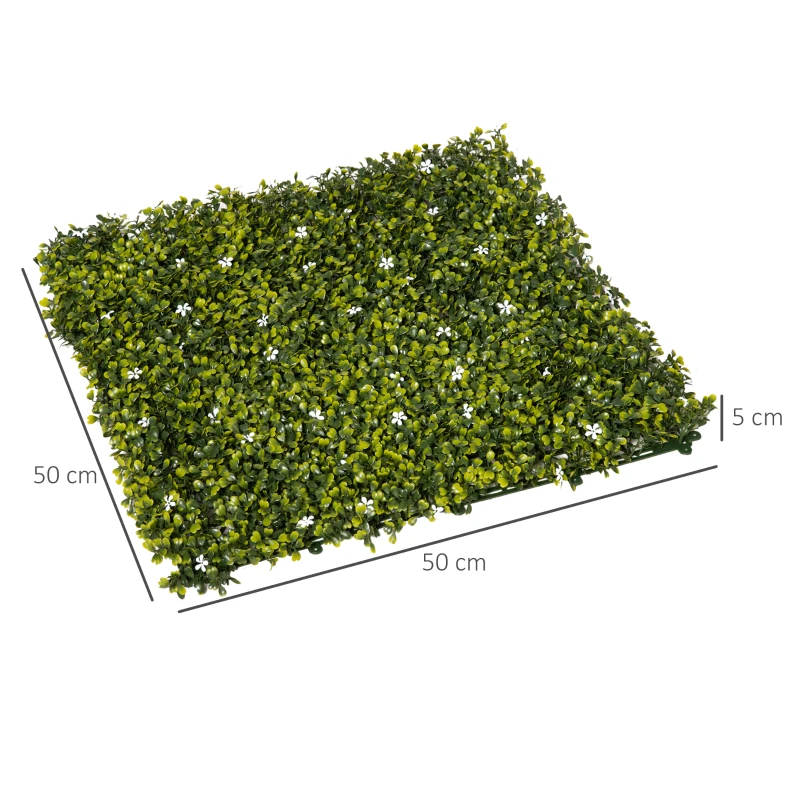 Outsunny 12PCS Artificial Boxwood Wall Panels 50cm x 50cm Grass Privacy Fence Screen Faux Hedge Greenery Backdrop Encrypted Milan Grass with White Flowers for Home Garden Backyard Balcony