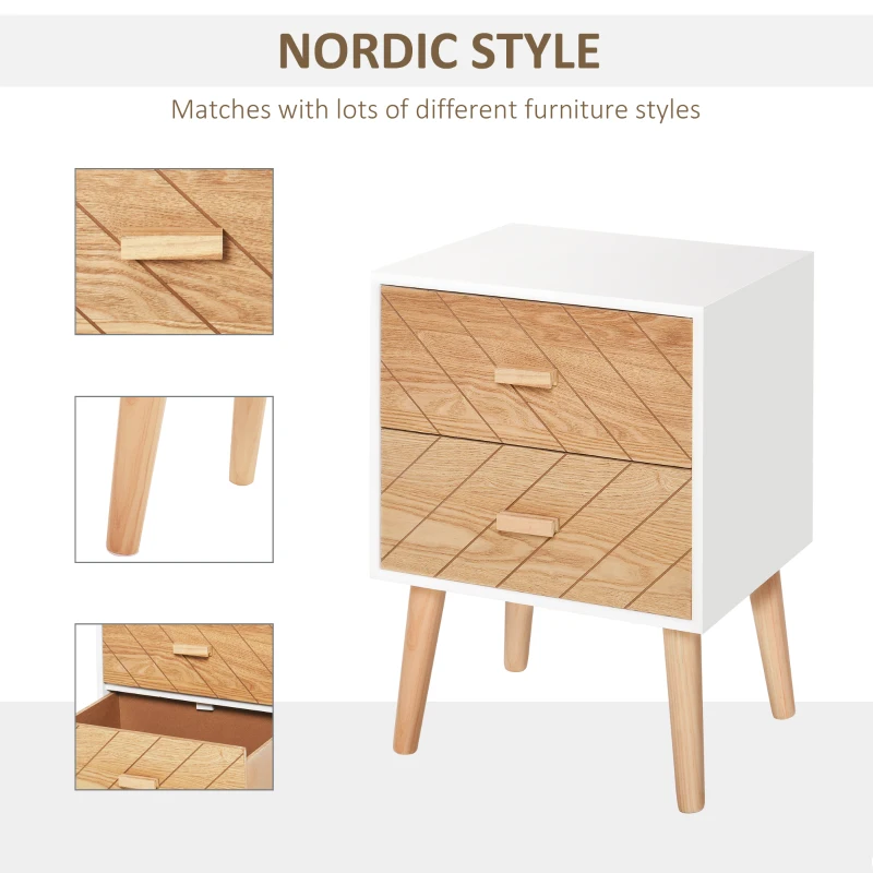HOMCOM Dulapior in Lemn 2 Sertare Stil Nordic, Alb si Lemn, 40x30x55,5cm