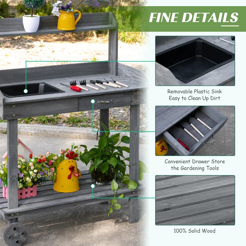 Outsunny 36.25"x17.75"x46.75'' Wooden Potting Bench Table Gardening Plant Workstation Natural Solid Wood with Drawer Sink Hook Open Shelf for Outside Patio Lawn Garden, Gray