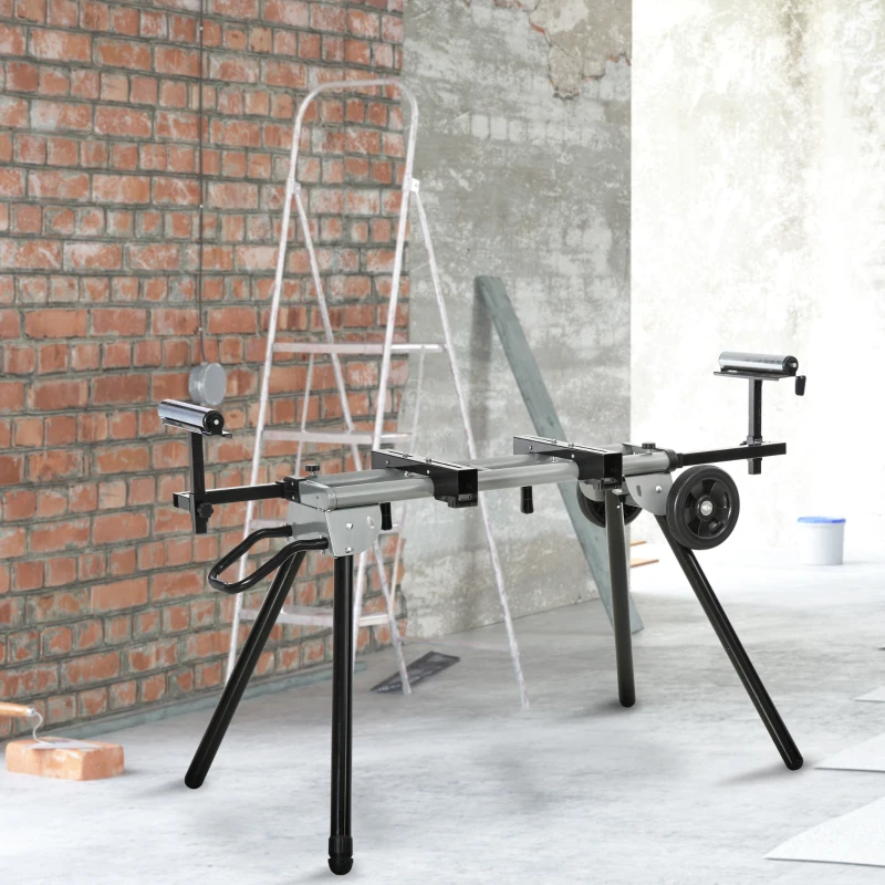 DURHAND Mitre Saw Stand with Extensions, Sawhorse for Cutting Logs, Foldable with Wheels Max Load 150 Kg, Black and Grey