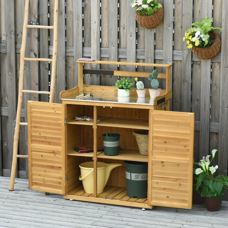 Outsunny Wooden Potting Bench 3-Tier Storage Cabinet Work Station Table Lockable Organizer with Magnetic Latch Hooks Foot Pads 34.25" x 17.75" x 47.25" Brown