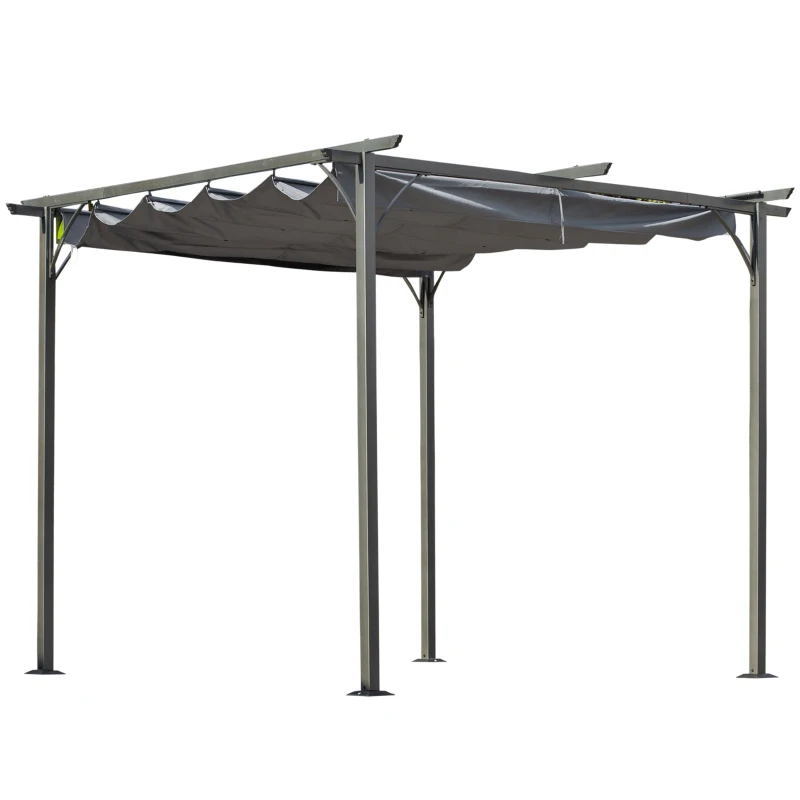 Outsunny 3x3 (m) Metal Pergola Gazebo Awning Retractable Canopy Outdoor Garden Sun Shade Shelter Marquee Party BBQ Grey