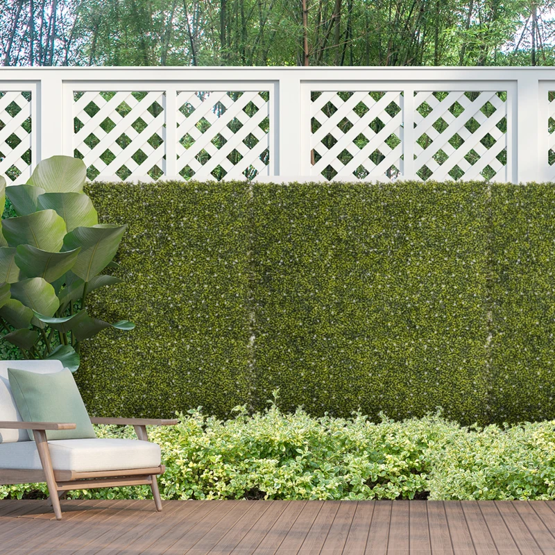 Outsunny 12PCS Artificial Boxwood Wall Panels 50cm x 50cm Grass Privacy Fence Screen Faux Hedge Greenery Backdrop Encrypted Milan Grass with White Flowers for Home Garden Backyard Balcony
