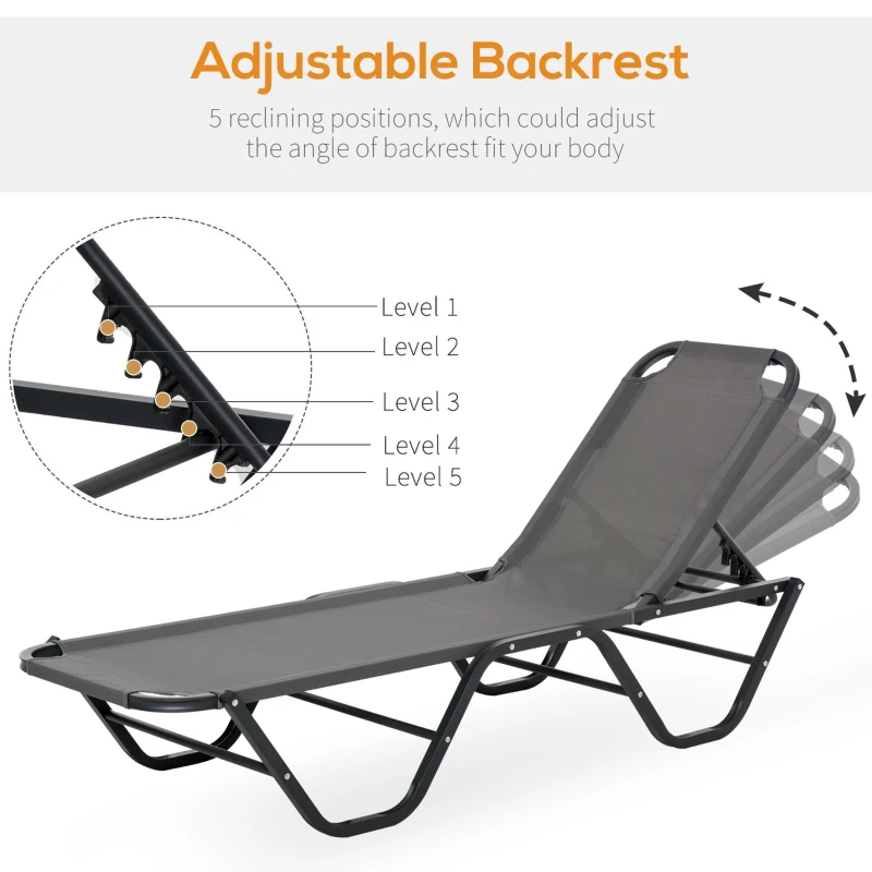 Outsunny Sun Lounger Relaxed Recliner with 5-Position Adjustable Backrest Aluminium Frame for Pool or Sun Bathing Grey