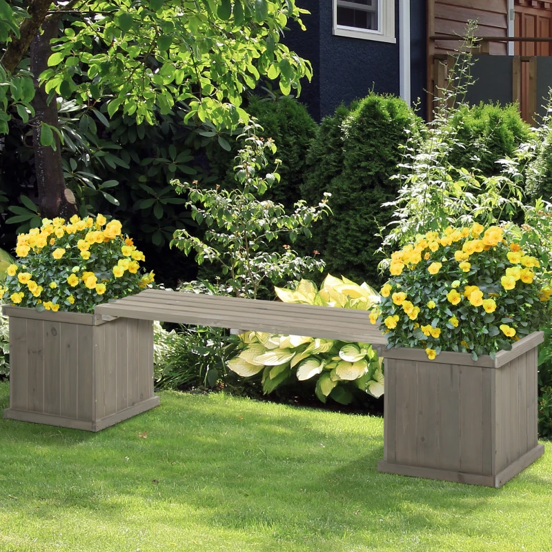 Outsunny Wooden Garden Planter & Bench Combination Garden Raised Bed Patio Park Grey 176 x 38 x 40 cm
