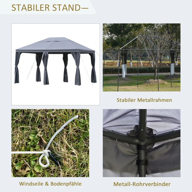 Outsunny Gartenpavillon Pavillon Gartenzelt Festzelt Partyzelt mit 6 x Seitenwand Metall + Polyester Grau 4 x 3 x 2,85 m
