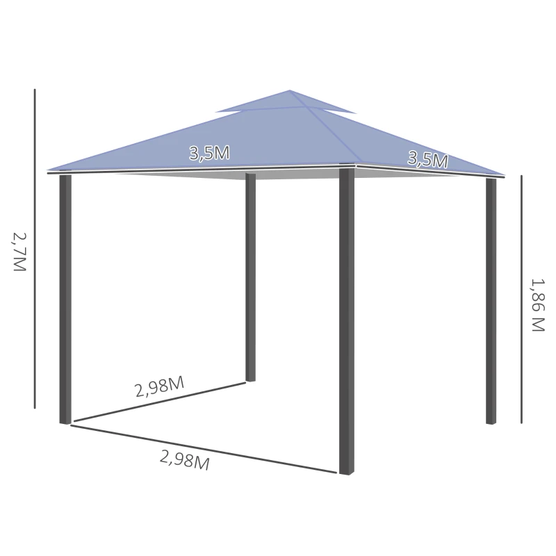 Outsunny 3.5x3.5m Side-Less Outdoor Canopy Tent Gazebo w/ 2-Tier Roof Steel Frame Garden Party Gathering Shelter Grey