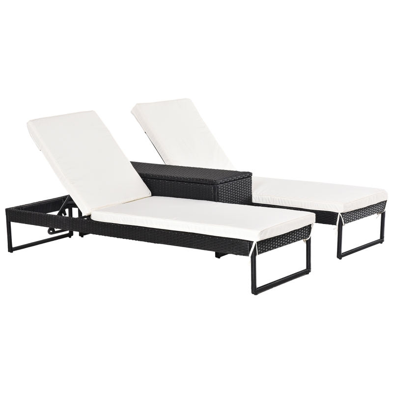 Outsunny 3 Piece Rattan Wicker Adjustable Chaise Lounge Chair with Cushions Set- Black/Cream White