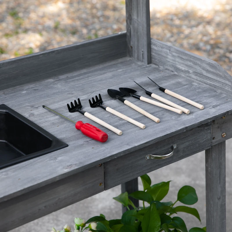 Outsunny 36.25"x17.75"x46.75'' Wooden Potting Bench Table Gardening Plant Workstation Natural Solid Wood with Drawer Sink Hook Open Shelf for Outside Patio Lawn Garden, Gray
