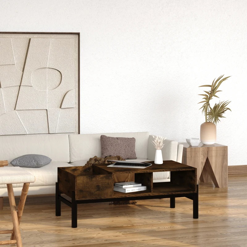 HOMCOM Industrial Coffee Table with 1 Open Cabinet 2 Middle Shelf for Storage, Stylish Entrance Table with Metal Leg, for Living Room, Bedroom, Office, Dorm