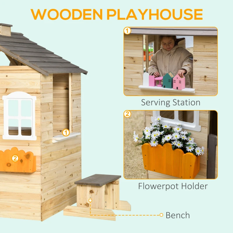 Outsunny Wooden Kids Playhouse Outdoor Garden Games Cottage with Door, windows, Bench, Service Stations, Flowerpot Holder, For Ages 3-7 Years