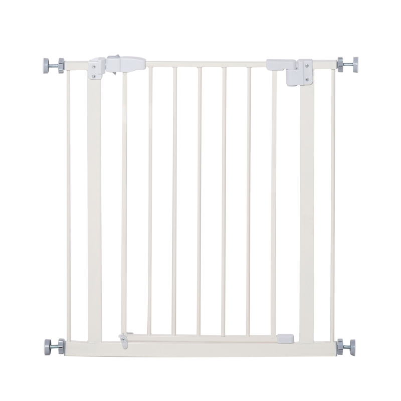 PawHut 74-80cm Adjustable Metal Pet Gate Safety Barrier w/ Auto-Close Door Double Locking Easy-Open Doors Stairs Home Frames White