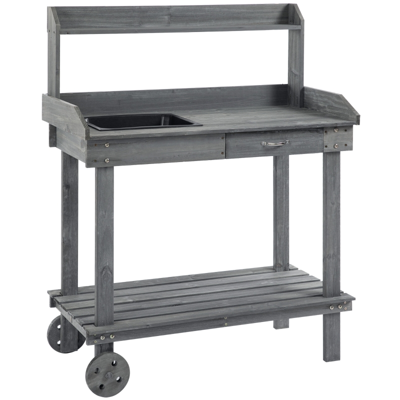 Outsunny 36.25"x17.75"x46.75'' Wooden Potting Bench Table Gardening Plant Workstation Natural Solid Wood with Drawer Sink Hook Open Shelf for Outside Patio Lawn Garden, Gray