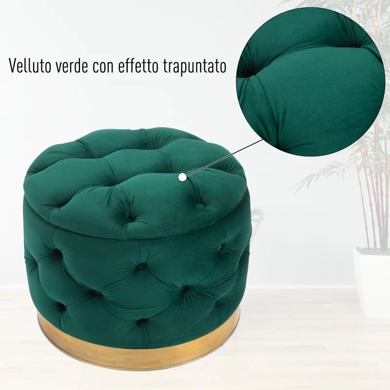 HOMCOM Pouf Rotondo con Vano Contenitore e Coperchio Rimovibile in Velluto Verde con Effetto Trapuntato e Base Oro