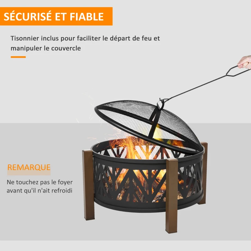 Outsunny Brasero boule de feu grille couvercle tisonnier métal
