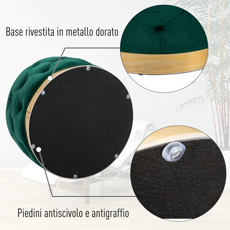 HOMCOM Pouf Rotondo con Vano Contenitore e Coperchio Rimovibile in Velluto Verde con Effetto Trapuntato e Base Oro