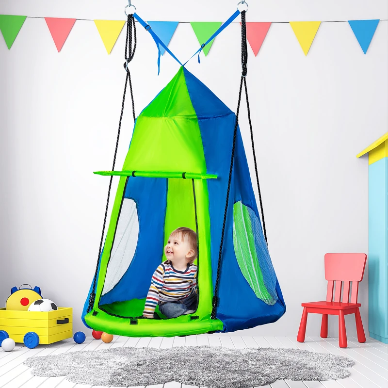 Outsunny Nest Swing with Tent Ø100 cm Garden Swing with Door and Window Disc Swing Children's Swing Kids Round Swing up to 200 kg Load Metal Green+Blue