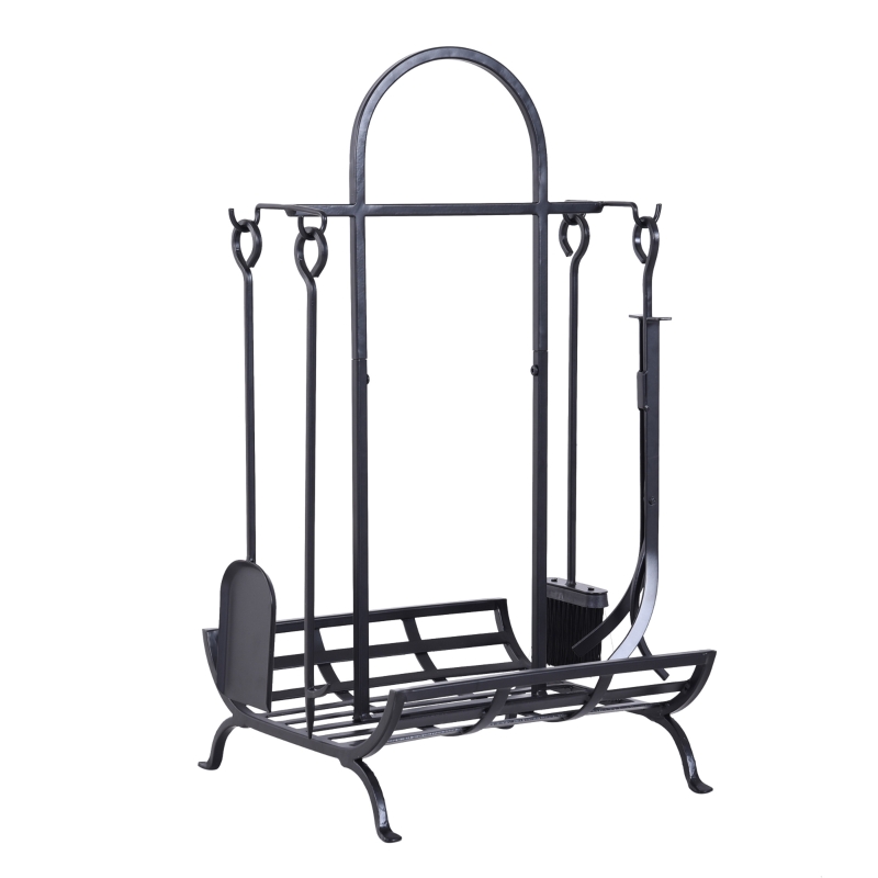 Outsunny Serviteur de cheminée - porte bûches - range bûches multi accessoires dim. 45L x 40l x 78H cm métal noir