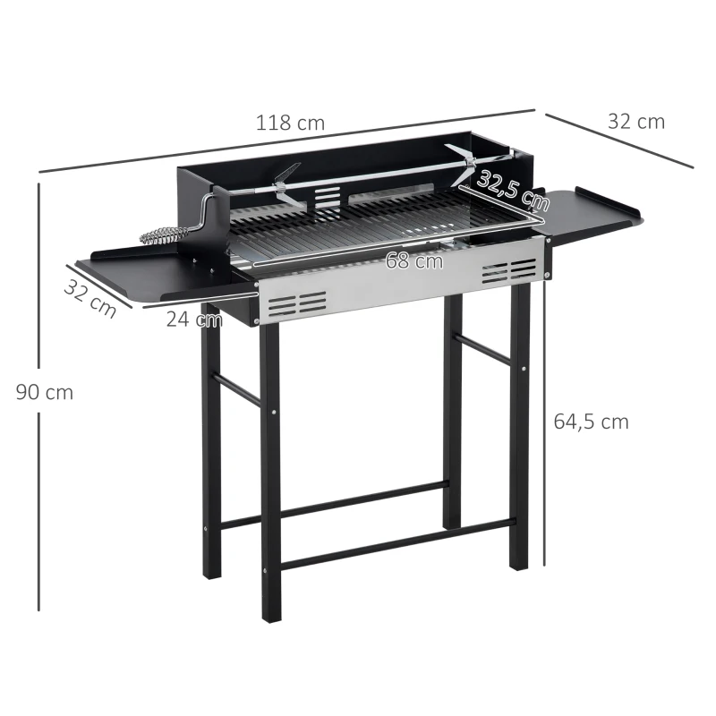 Outsunny Holzkohlegrill Campinggrill mit Grillrost und Rotisserie-Kit klappbar faltbar Camping Garten BBQ Rostfreier Stahl+Metall Schwarz 118 x 32 x 90 cm