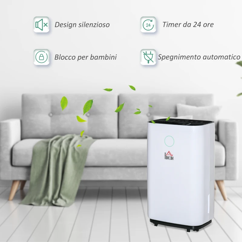 HOMCOM Deumidificatore da 25L 3 Modalità e 2 Velocità Timer 24h Design Silenzioso 33.5x23x57cm Bianco