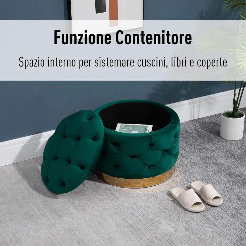 HOMCOM Pouf Rotondo con Vano Contenitore e Coperchio Rimovibile in Velluto Verde con Effetto Trapuntato e Base Oro