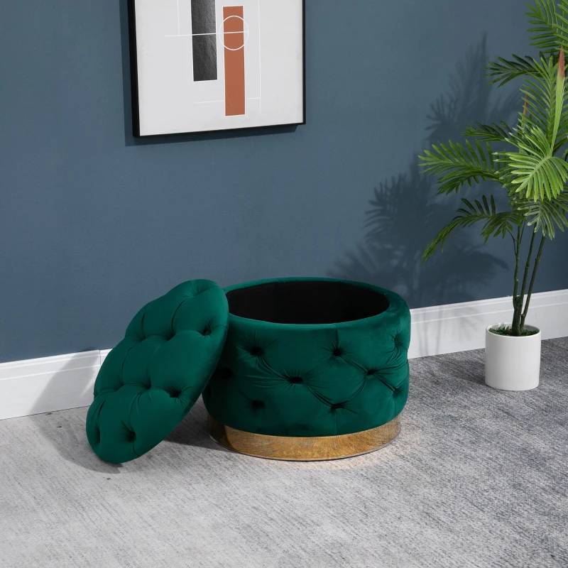 HOMCOM Pouf Rotondo con Vano Contenitore e Coperchio Rimovibile in Velluto Verde con Effetto Trapuntato e Base Oro