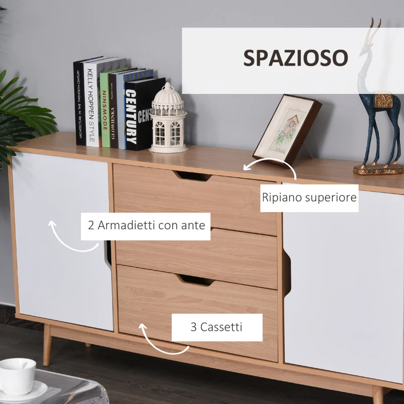 HOMCOM Moderna Credenza con 2 Armadietti ad Anta 4 Ripiani 3 Cassetti Piedini Rialzati e Ganci Antiribaltamento Bianco e Rovere MDF Grado E1, Piedini in Legno di Eucalipto 145Lx30Px75A cm