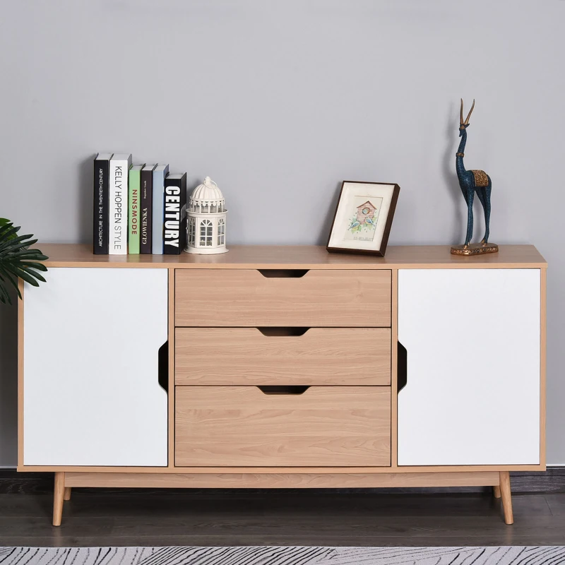 HOMCOM Moderna Credenza con 2 Armadietti ad Anta 4 Ripiani 3 Cassetti Piedini Rialzati e Ganci Antiribaltamento Bianco e Rovere MDF Grado E1, Piedini in Legno di Eucalipto 145Lx30Px75A cm