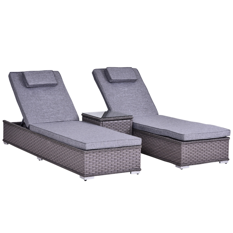 Outsunny PE Rattan 2-Seater Outdoor Garden Sun Lounger Set w/ Side Table Grey