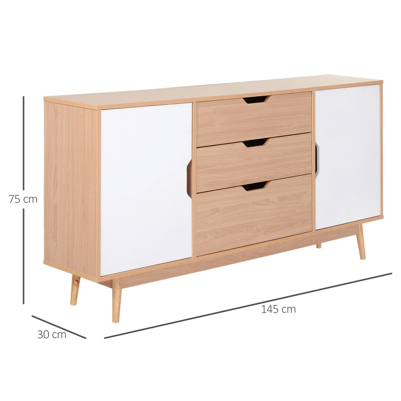 HOMCOM Moderna Credenza con 2 Armadietti ad Anta 4 Ripiani 3 Cassetti Piedini Rialzati e Ganci Antiribaltamento Bianco e Rovere MDF Grado E1, Piedini in Legno di Eucalipto 145Lx30Px75A cm