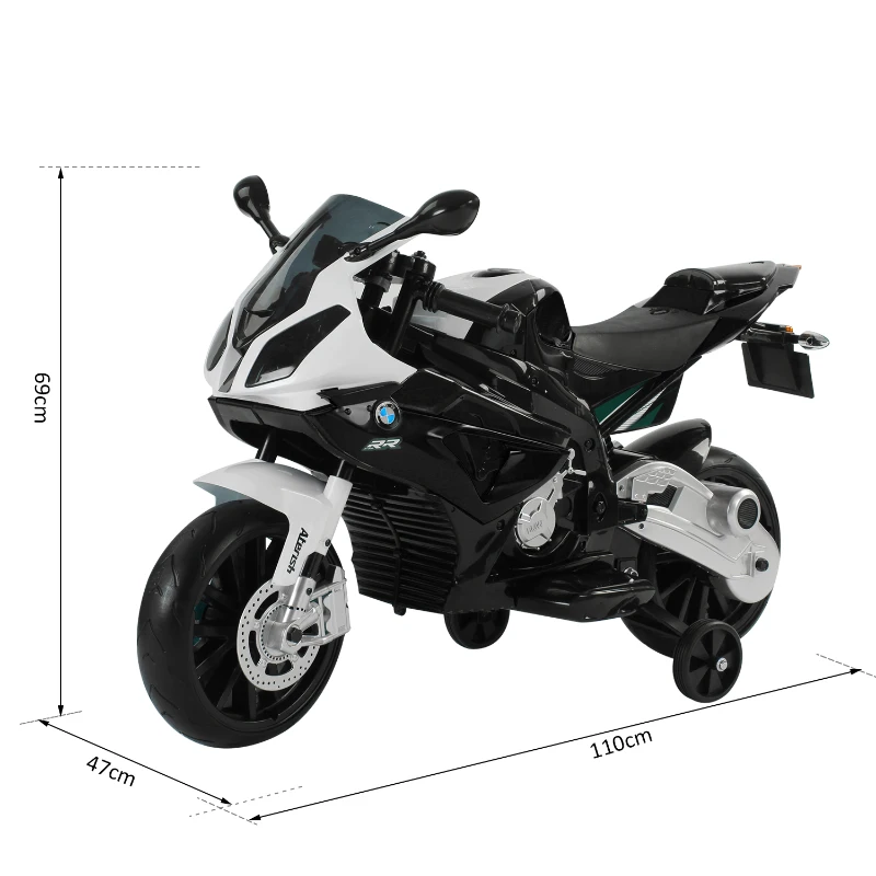 HOMCOM Moto Elettrica per Bambini 3-8 Anni con Licenza BMW, Velocità 2.5-5Km/h, Motocicletta Elettrica con Batteria 12V, Rotelle e Luci, 110x47x69 cm, Nero e Bianco