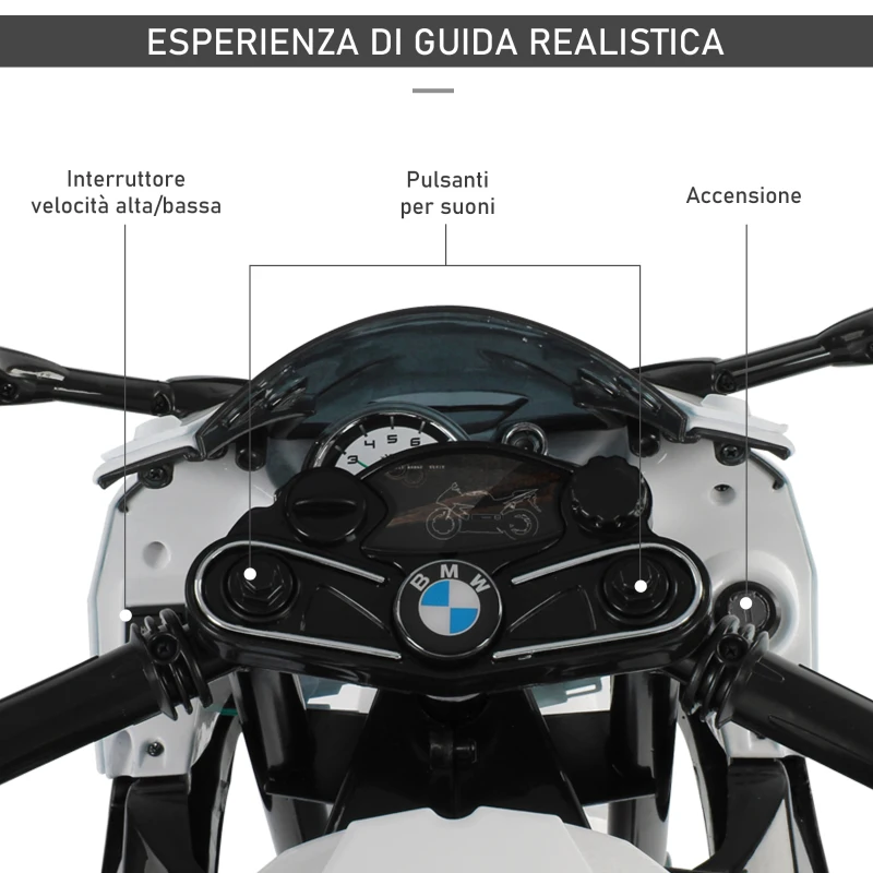 HOMCOM Moto Elettrica per Bambini 3-8 Anni con Licenza BMW, Velocità 2.5-5Km/h, Motocicletta Elettrica con Batteria 12V, Rotelle e Luci, 110x47x69 cm, Nero e Bianco