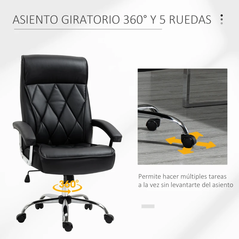 Vinsetto Silla Despacho Ergonómica Silla de Oficina Giratoria y Basculante con Respaldo Alto y Reposacabezas Acolchado Piel Sintética 66x69x113-121 cm Negro
