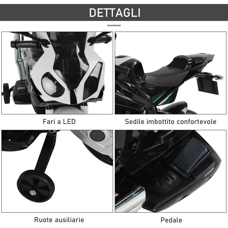 HOMCOM Moto Elettrica per Bambini 3-8 Anni con Licenza BMW, Velocità 2.5-5Km/h, Motocicletta Elettrica con Batteria 12V, Rotelle e Luci, 110x47x69 cm, Nero e Bianco