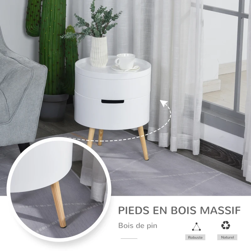 HOMCOM Table basse - table de chevet avec 2 compartiments de rangement - table d'appoint bout de canapé plateau MDF - dim. Ø 38 x 48 cm - blanc