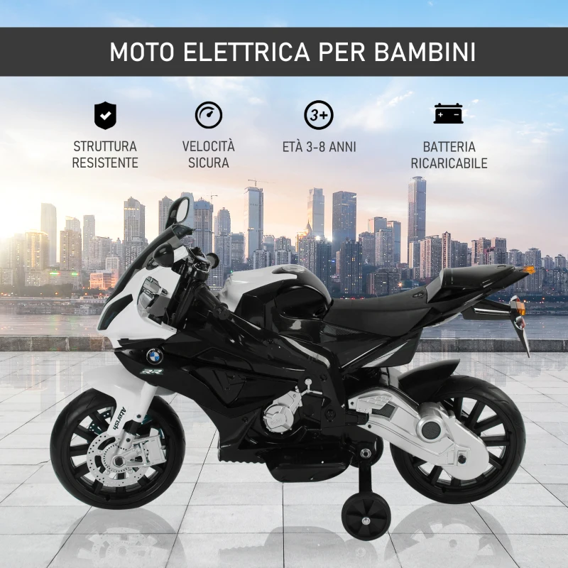 HOMCOM Moto Elettrica per Bambini 3-8 Anni con Licenza BMW, Velocità 2.5-5Km/h, Motocicletta Elettrica con Batteria 12V, Rotelle e Luci, 110x47x69 cm, Nero e Bianco