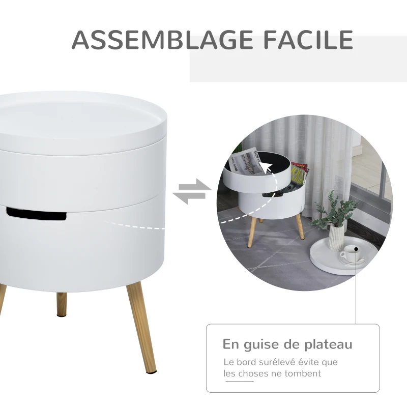 HOMCOM Table basse - table de chevet avec 2 compartiments de rangement - table d'appoint bout de canapé plateau MDF - dim. Ø 38 x 48 cm - blanc