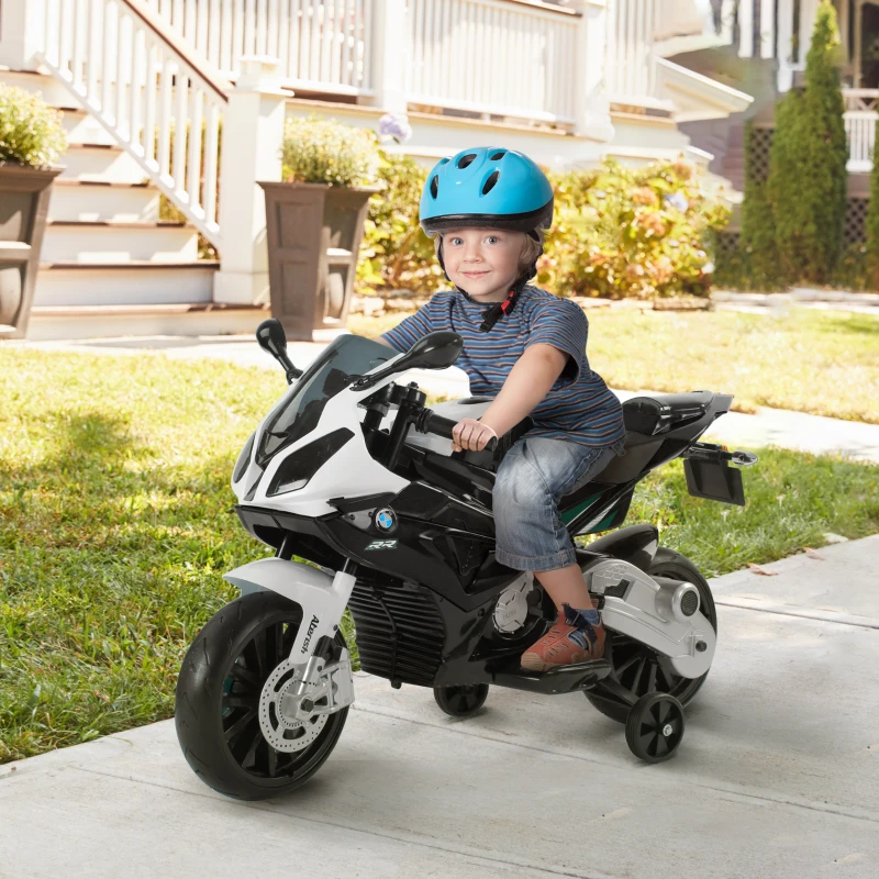 HOMCOM Moto Elettrica per Bambini 3-8 Anni con Licenza BMW, Velocità 2.5-5Km/h, Motocicletta Elettrica con Batteria 12V, Rotelle e Luci, 110x47x69 cm, Nero e Bianco