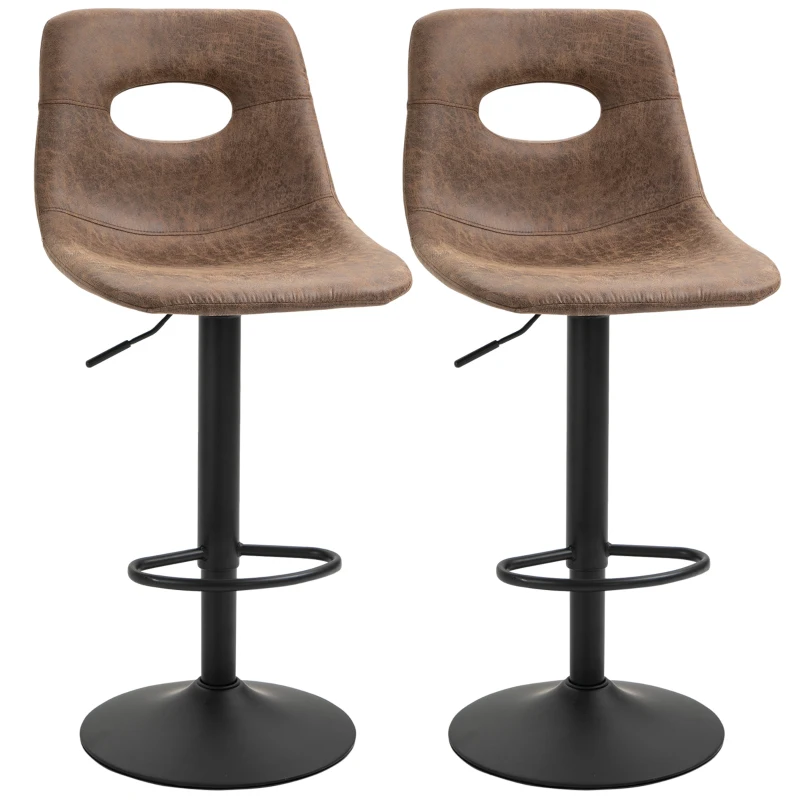 HOMCOM Bar Stools Set of 2, Adjustable Breakfast Dining Stools with Backrest, Footrest, Microfiber Cloth Kithchen Island Counter, Brown