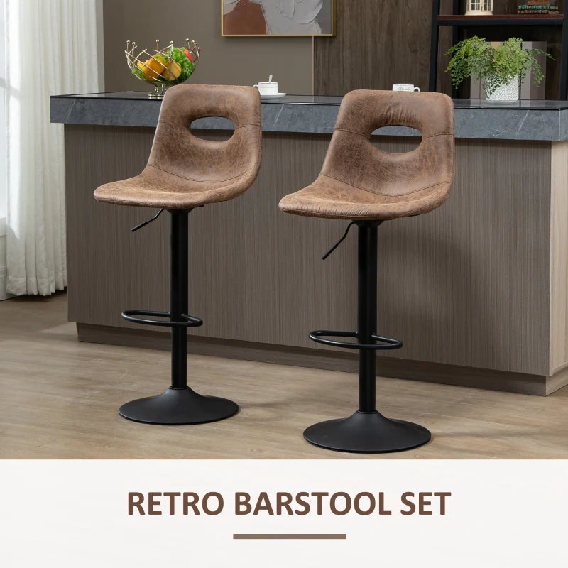 HOMCOM Bar Stools Set of 2, Adjustable Breakfast Dining Stools with Backrest, Footrest, Microfiber Cloth Kithchen Island Counter, Brown