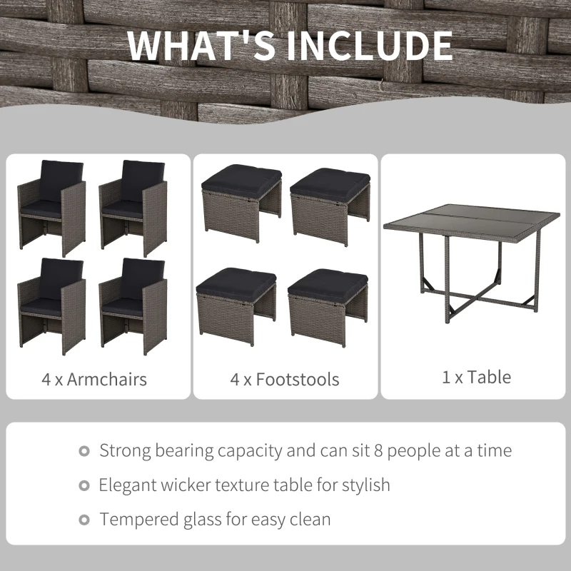 Outsunny Set Mobilier de Gradina Extern 9 bucati Masa cu 4 Scaune 4 Taburet in Rattan, Maro